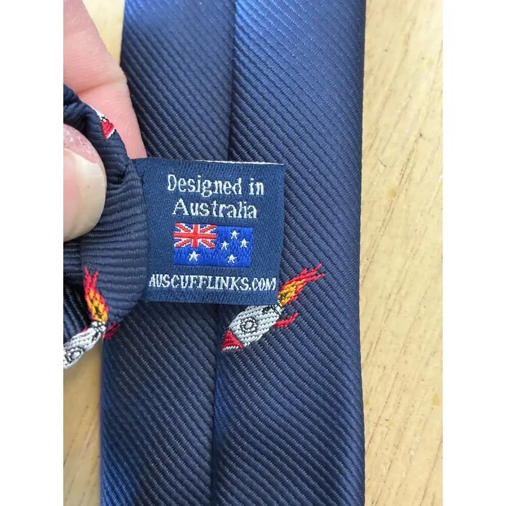 Men's Rocket Space Ship Skinny Tie Navy Blue Novelty NASA Cosmic Retro Moon